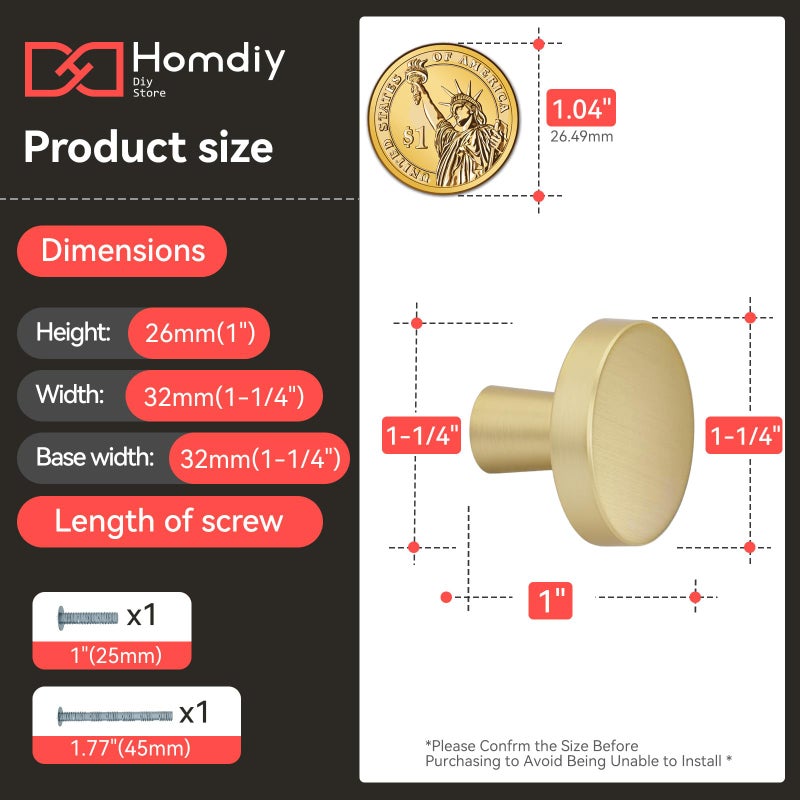homdiy 10 Pack Gold Cabinet Knobs Round Brushed Brass Kitchen Handles Zinc Alloy Metal Hardware for Dresser Drawer Desk Cupboard - Image 2